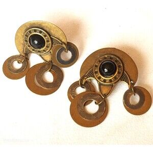 Vtg Etruscan Egyptian Revival Brass Dangle Earrings Center Black Cabochon Bead